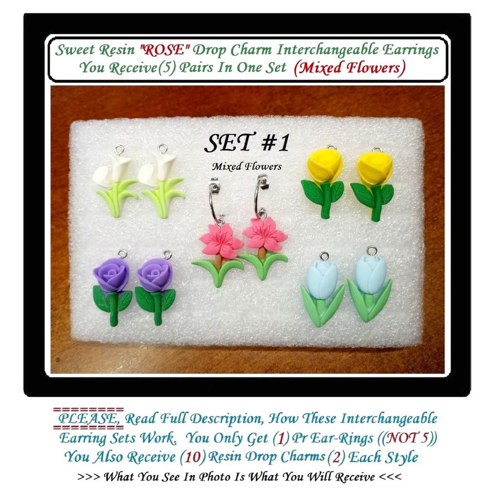 5/$20 Flower Floral Rose Interchangeable Charm Earrings-5 Pairs in Set
